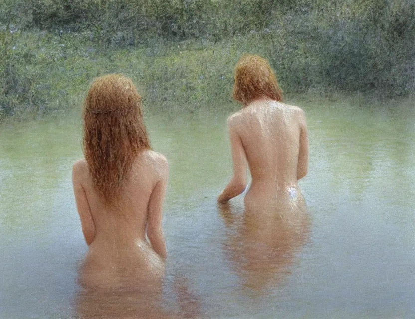 Image similar to peasant with wet hair taking a bath in a lake, back view, cottage core, cinematic focus, polaroid photo bleached vintage pastel colors high - key lighting, soft lights, foggy, by steve hanks, by lisa yuskavage, by serov valentin, by tarkovsky, 8 k render, detailed, oil on canvas