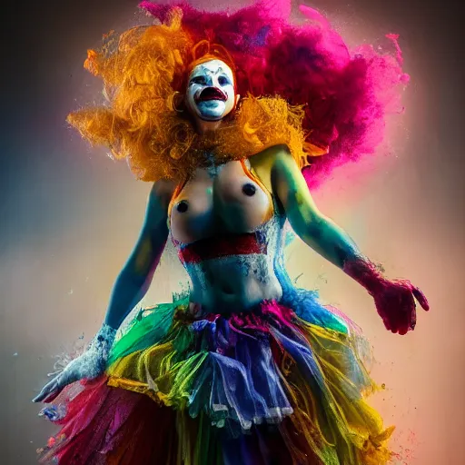 Image similar to full body pose, hyperrealistic mixed media painting of a seductive clown, dim volumetric lighting, 8 k, octane beautifully detailed render, extremely hyper detailed, intricate, epic composition, cinematic lighting, masterpiece, trending on artstation, very very detailed, masterpiece, stunning, hdr, smooth, sharp focus, high resolution, award, winning photo, dslr, 5 0 mm