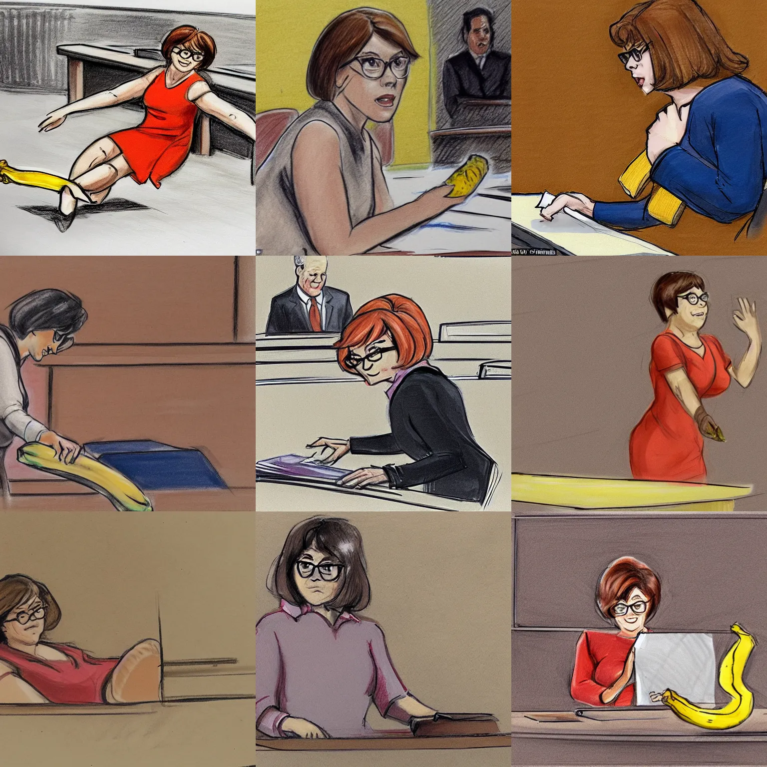 Prompt: a court room sketch of Velma slipping on a banana peel in front of the jury