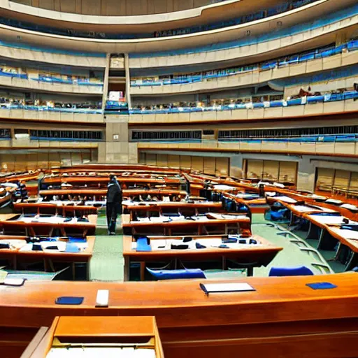 Prompt: interior of the israeli parliament, located in the center of a building site in israel, wide shot