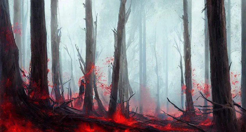 Prompt: a barren lifeless forest with burned trees concept art by Doug Chiang cinematic, realistic painting, high definition, very detailed, extremely high detail, photo realistic, concept art, red color palette, the Mandalorian concept art style