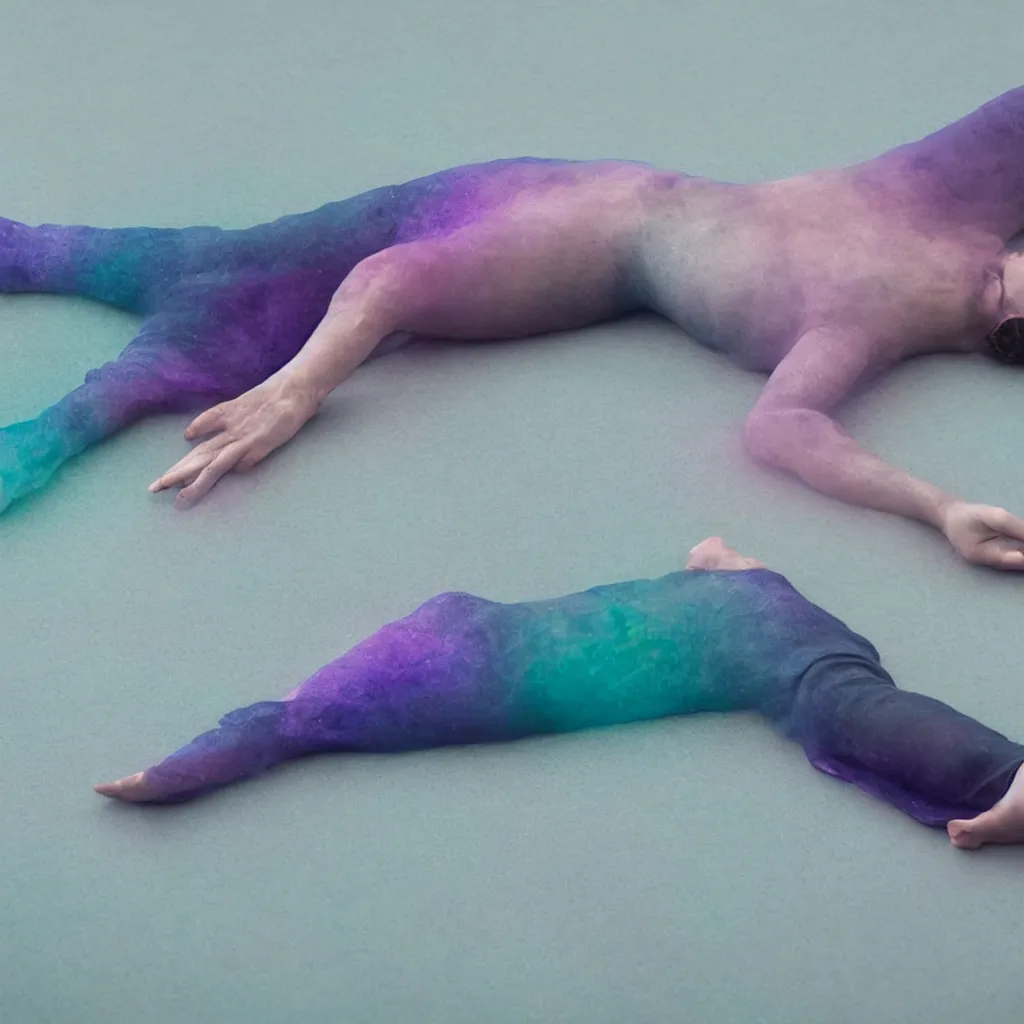 Image similar to close - up of iridiscent oil slick corpses connected by a transparent pipe to a wax form relaxing on yoga mat, faded, gradient, fog, smoke, depth of field, blur, very detailed, glitch, by nadav kander and hans bellmer, 8 k, ultrarealistic, ultradetailed, sad atmosphere, cinematic