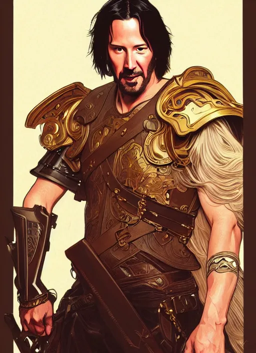 Prompt: keanu reeves in the slumps, brown skin, golden hair, brown leather armor, high fantasy, dnd, smooth, sharp focus, illustration, by rossdraws, alphonse mucha, frank fanzzeta