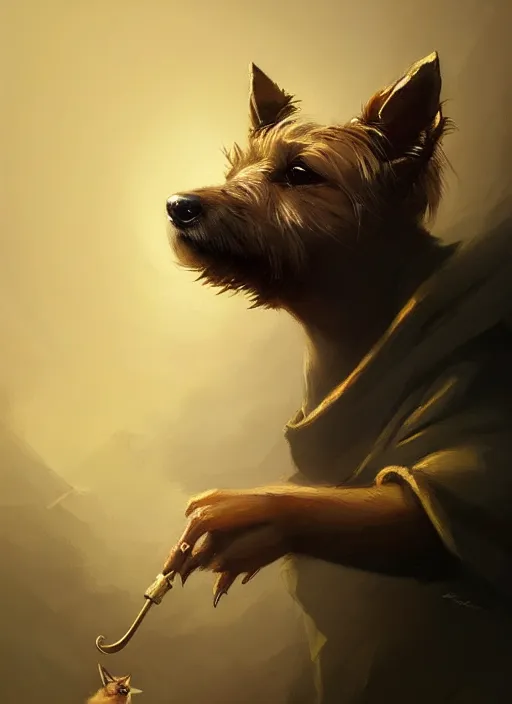 Prompt: norwich terrier as an wizard, backround dark, highly detailed, digital illustration, trending in artstation, modern painting, smooth, sharp focus, intricate, by peter mohrbacher