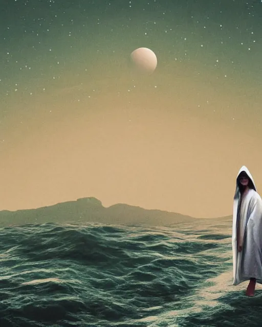 Image similar to a person wearing a white cloak standing in the water. a large planet is overhead. an album cover by stanley twardowicz, trending on cg society, retrofuturism, retrowave, chillwave, synthwave