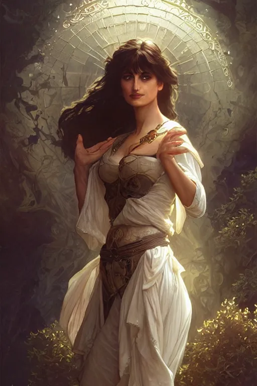 Image similar to penelope cruz , D&D, fantasy, intricate, cinematic lighting, highly detailed, beautiful, digital painting, artstation, masterpiece, concept art, smooth, sharp focus, illustration, art by Artgerm and Greg Rutkowski and Alphonse Mucha and william-Adolphe Bouguereau