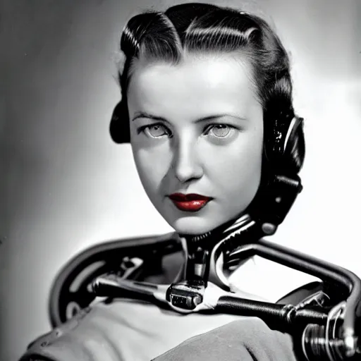Prompt: portrait photo of a beautiful female cyborg (((from 1940s)))