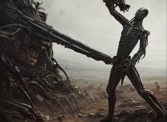 Prompt: cinematic artwork of an alien by hr giger staring down the enemy on the battlefield by Greg Rutkowski, 4k, masterpiece
