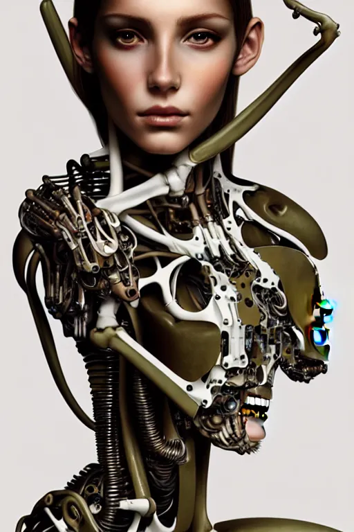 Image similar to a photorealistic painting of an attractive young girl, partially covered in cyborg and robotic mechanical parts, olive skin, long dark hair, beautiful bone structure, symmetrical face, perfect eyes, intricate, elegant, digital painting, concept art, illustration, sharp focus, in the style of Diego Velázquez