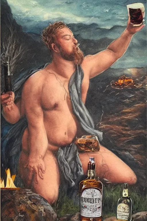 Prompt: a dramatic, epic, ethereal painting of a !!!handsome!!! thicc chunky beefy mischievous shirtless man with a beer belly wearing a large belt and bandana offering a whiskey bottle | he is relaxing by a campfire | background is a late night with food and jugs of whisky | homoerotic | cowboy, stars, tarot card, art deco, art nouveau, intricate | by Mark Maggiori (((and Alphonse Mucha))) | trending on artstation