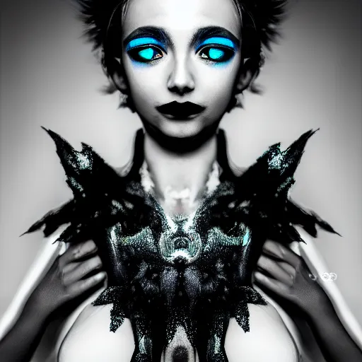 Image similar to prompt, gorgeous deamon, modelsociety, radiant skin, huge anime eyes, rtx on, perfect face, intricate, sony a 7 r iv, symmetric balance, polarizing filter, photolab, lightroom, 4 k, dolby vision, photography award
