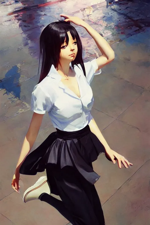 Image similar to A ultradetailed beautiful panting of a stylish woman in a maid outfit skateboarding, Oil painting, by Ilya Kuvshinov, Greg Rutkowski and Makoto Shinkai