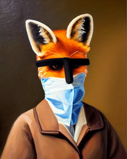 Image similar to oil painting portrait of anthropomorphic female fox animal dressed in doctor's coat, surgical mask covering mouth, holding syringe, fox animal, hospital in background, oil painting,