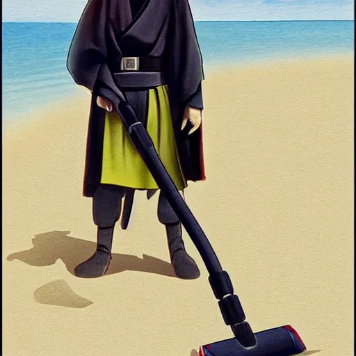 Image similar to Anakin Skywalker!!!, vacuuming on a beach