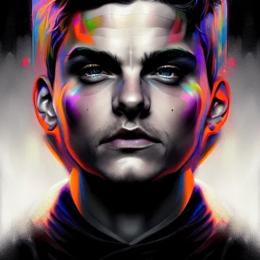 Image similar to Martin Garrix , colorful painting on grey scale face, powerful , magic, thunders, dramatic lighting, intricate, wild, highly detailed, digital painting, artstation, concept art, smooth, sharp focus, illustration, art by artgerm and greg rutkowski and alphonse mucha, footage