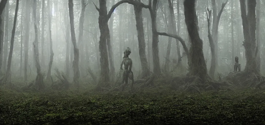 Image similar to a complex organic fractal 3 d metallic symbiotic ceramic humanoid megastructure eldritch horror in a swampy lush forest, foggy, cinematic shot, photo still from movie by denis villeneuve