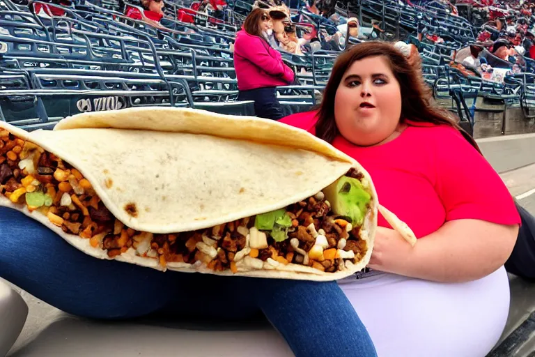 Image similar to obese woman eating a giant burrito sitting at a baseball game, photograph,