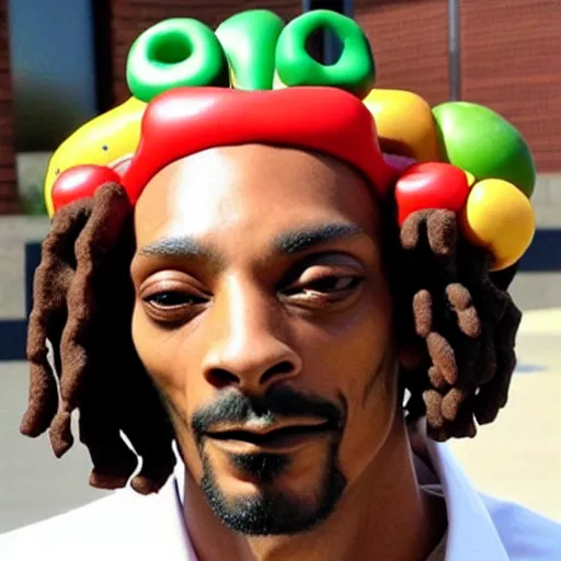 Image similar to a hotdog mixed with the face of snoop dogg