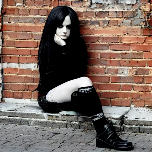 Image similar to a photograph of an emo goth girl sitting on a brick wall in front of a British house on a hot day, 2006, black hair