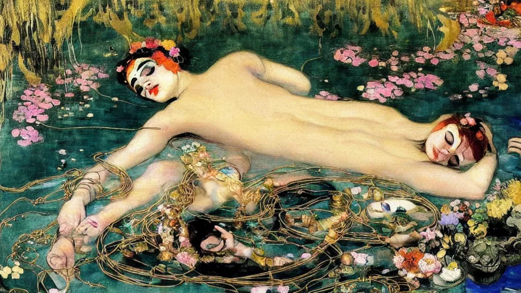 Prompt: prompt: beautiful girl sleeping in the lake with shining face painted by Valentin Serov, nymph in the water performing alchemy, cyborg and robot broken lying around the nymphs, small tiger statue flowers and cables and wire around and on the side with artifacts and ancient book, intricate oil painting, high detail, Neo-expressionism