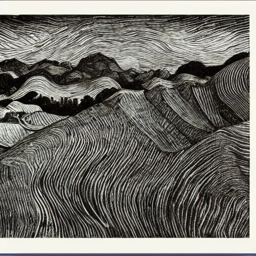 Image similar to landscape by MC Escher and Vincent Van Gogh