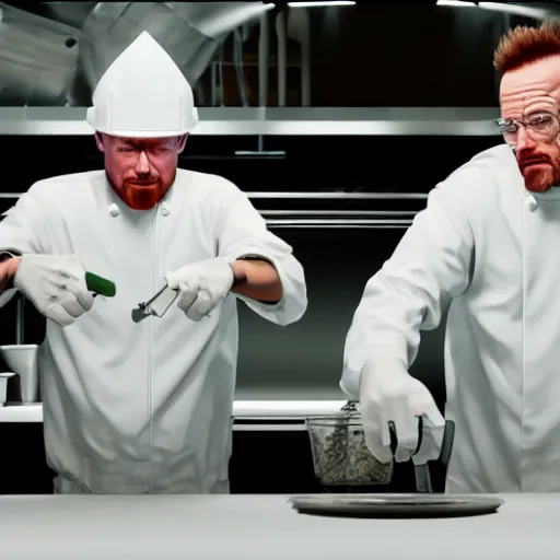 Image similar to Elon musk and Walter white cooking meth. 8k ultra realistic, award winning, unreal engine 5, masterpiece, atmosphere glow, hyperrealistic, focused, extreme details, cinematic