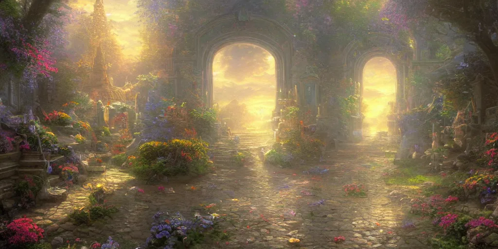 Prompt: breathtaking detailed concept art painting of a portal into another dimension, holy, ornate background, by thomas kinkade and james gurney, extremely moody lighting, 8 k