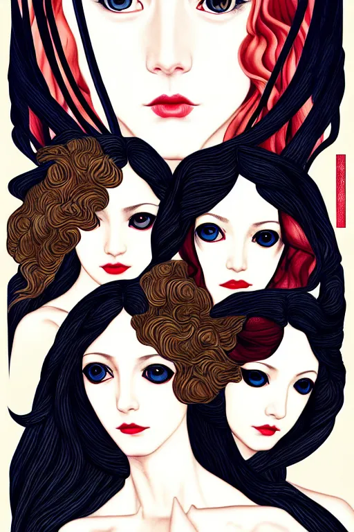 Prompt: triad of muses, representing the 3 winter months of december, january and february, style mix of æon flux, shepard fairey, botticelli, john singer sargent, pre - raphaelites, shoujo manga, harajuku fashion, stark landscape, muted dark colors, superfine inklines, ethereal, 4 k photorealistic