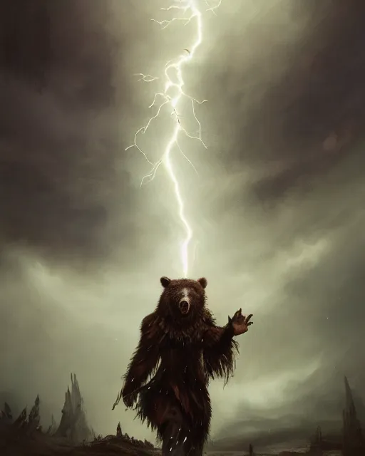 Prompt: oil painting of Anthropomorphized Bear Shaman casting spell, magical runes flying, wearing fur cloak, sharp focus, lightning storm background, magical aura, evil, heroic pose, fantasy style, octane render, volumetric lighting, 8k high definition, by greg rutkowski, highly detailed, trending on art Station, magic the gathering artwork, Thunderstorm background, centered, dramatic artwork