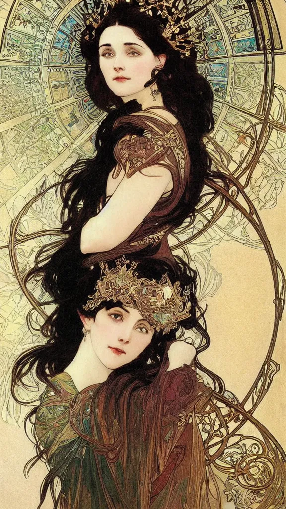 Image similar to portrait of a beautiful black haired woman with pale skin and a crown on her head sitted on an intricate metal throne, artwork by alphonse mucha