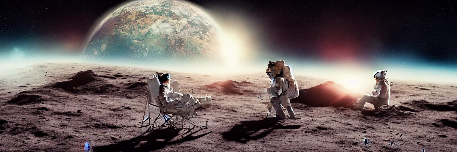 Prompt: A highly photographic render of one astronaut on the Moon, sitting on a lawn chair reading a book facing planet Earth, rim lighting, cinematic lighting, octane engine, photo realistic image, 4K, super detailed, cinematic look