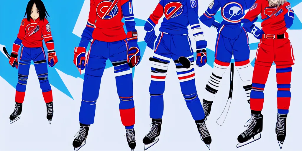 Image similar to females akira anime cyberpunk super star ice hockey players, wearing a light futuristic habs jersey, blue white and red color blocking, character concept exploration, outfit designs, trending on artstation, photorealistic, 8k