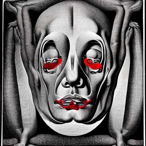 Image similar to red conceptual post - mortem monumental portrait made by escher and william blake and salvador dali, highly conceptual art, intricate detailed painting, illustration sharp detail, vector sharp graphic, manga 1 9 9 0, anatomy atlas