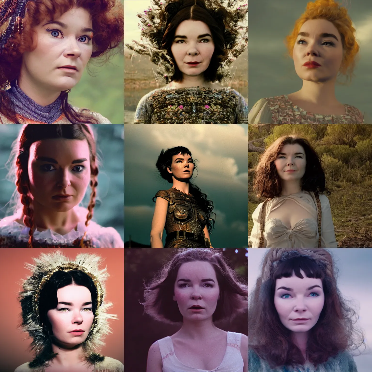 Prompt: film still of a beautiful young woman who looks like a bjork, random background scene