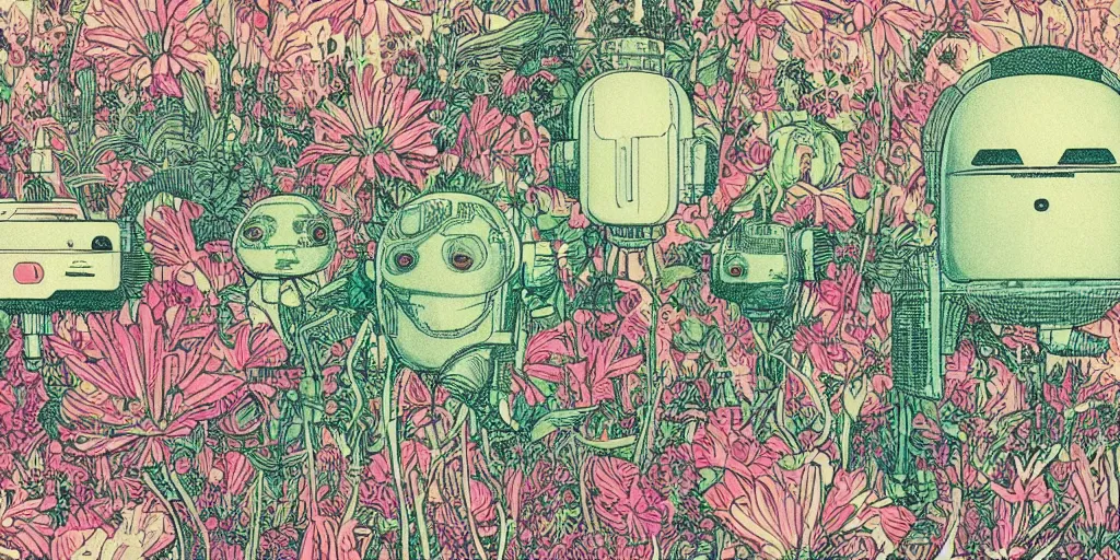 Prompt: vintage grainy scifi style, gigantic robot heads floating above the pool, tiny robots, a lot of exotic flowers and plants, risograph!!!, flat surreal design, super - detailed, a lot of tiny details, fullshot, by codex seraphinianus