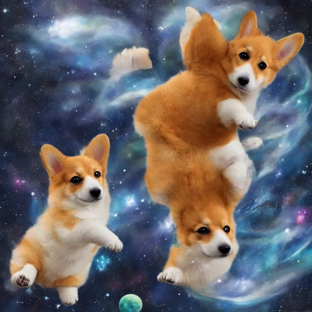 Prompt: stunning digital painting of a corgi puppy floating in space, smooth, cosmic, calm