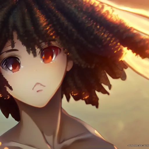 Image similar to a beautiful 3d brown anime girl, brown skin, black curly hair, Cinematic lighting, medium shot, in a anime masterpiece, highly detailed, Trending on artstation, unreal engine 4k, Cinematic wallpaper