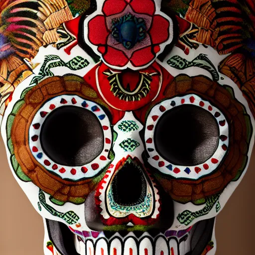 Prompt: new born baby, self - portrait, symmetry, intricate, dia de los muertos, skull mask, aztec ultra detailed feathered dress, 8 k resolution,