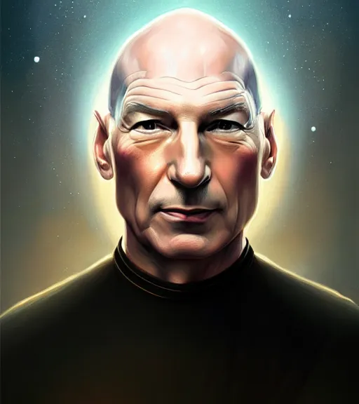 Image similar to portrait of Jean Luc Picard, intricate, elegant, highly detailed, centered, digital painting, artstation, concept art, smooth, sharp focus, illustration, by Peter Mohrbacher, WLOP