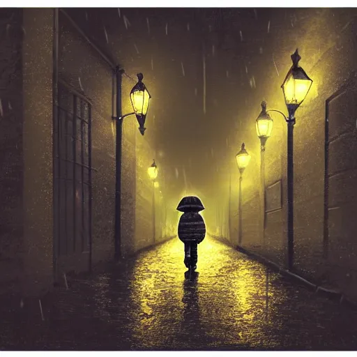 Prompt: A small child a yellow rain coat walking alone in a dark alley,it is raining heavily, scary atmosphere,gloomy lighting, digital art , highly detailed , high contrast, beautiful lighting, award winning , trending on art station, 8k, photo realistic