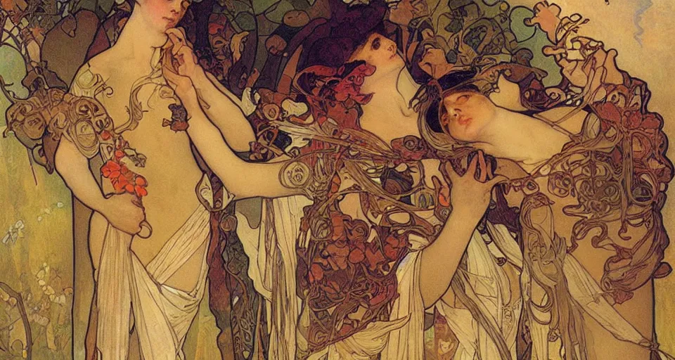 Image similar to the two complementary forces that make up all aspects and phenomena of life, by Alfons Maria Mucha