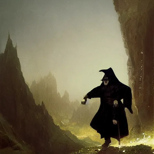 Image similar to small pale cowardly man wearing dark cloak, portrait, funny artwork, scared smile, close shot, round face, fantasy artwork, dnd, by karl spitzweg, whimsical