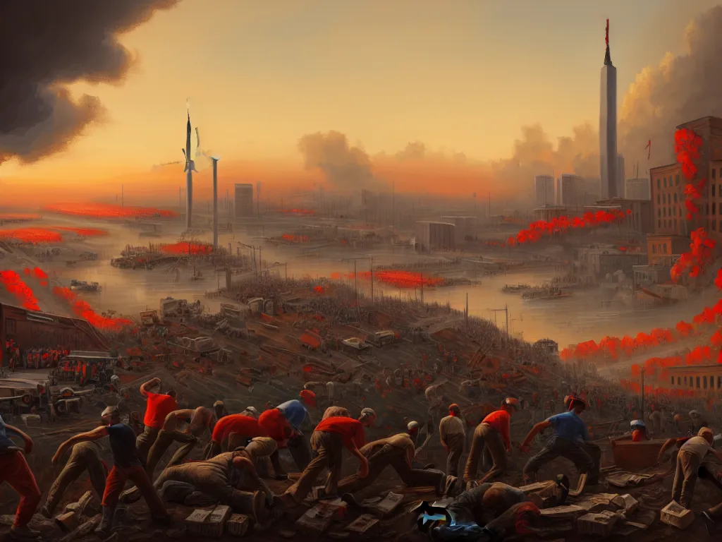 Prompt: landscape painting of the american working class and proletariat taking over the means of production in 2 0 2 2, digital painting, city scape, conflict, victory, loss, hope, highly detailed, 4 k, artstation