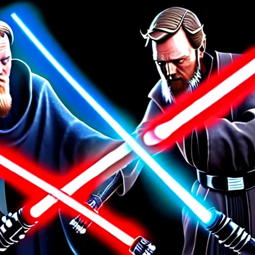 Image similar to ultra detailed picture of a fight between darth vador and obi wan kenobi where they each have only one lightsaber in their hand, unreal engine, extremely detailed, epic, dark, highly realistic, beautiful, ultra hd, extremely realistic faces