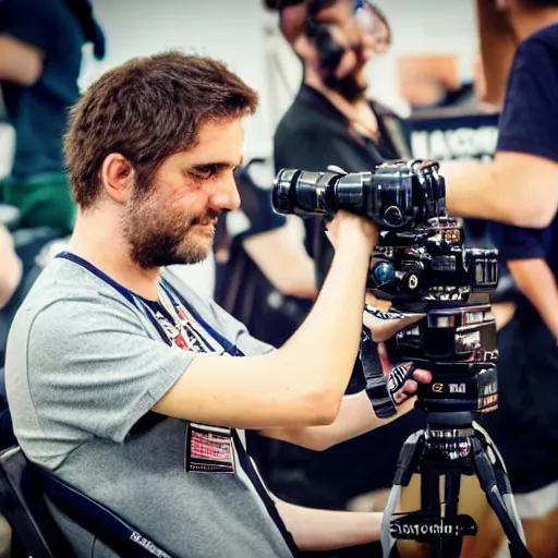 Prompt: ruggedly handsome gimbal camera operator getting the action shot at a video game tournament. photorealistic, high quality, intricate details