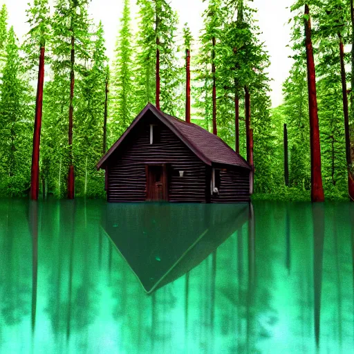 Image similar to a cabin in the woods underwater, dense trees, dark and eerie, 8k, high definition, highly detailed, photo realistic