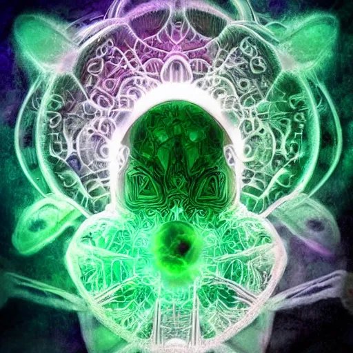 Image similar to fracal nebula psy trip ghost color an ancient white bone and emerald gemstone relic, intricate engraving concept art style