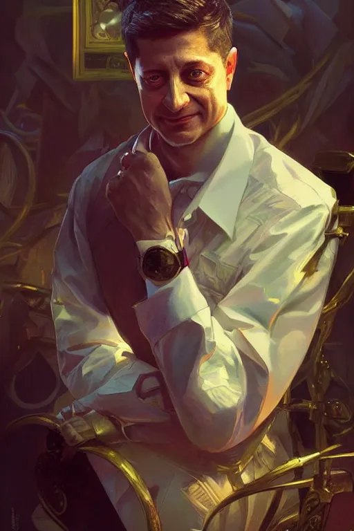 Prompt: zelensky as president, portrait, highly detailed, digital painting, artstation, concept art, smooth, sharp focus, illustration, cinematic lighting, art by artgerm and greg rutkowski and alphonse mucha