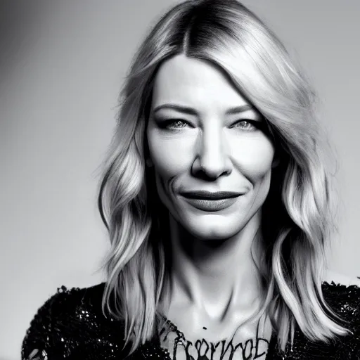 Image similar to high resolution portrait of cate blanchett with face tattoo , highly detailed, photorealistic, 4k