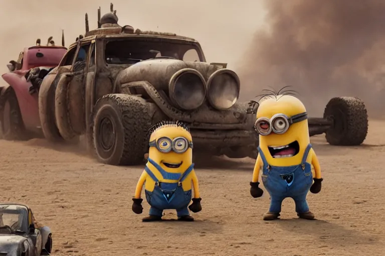 Image similar to a Minions vs Mario, yellow and red, mechabot, in the Movie Mad Max: Fury Road 2015, epic sandstorm battle, action